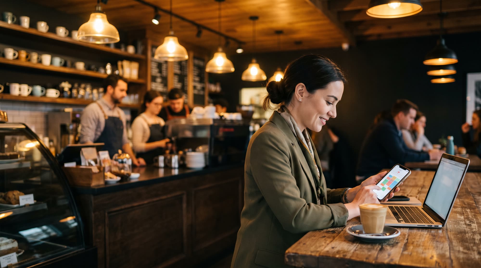 An owner in a coffee shop checks her phone, her calendar already filling with booked meetings