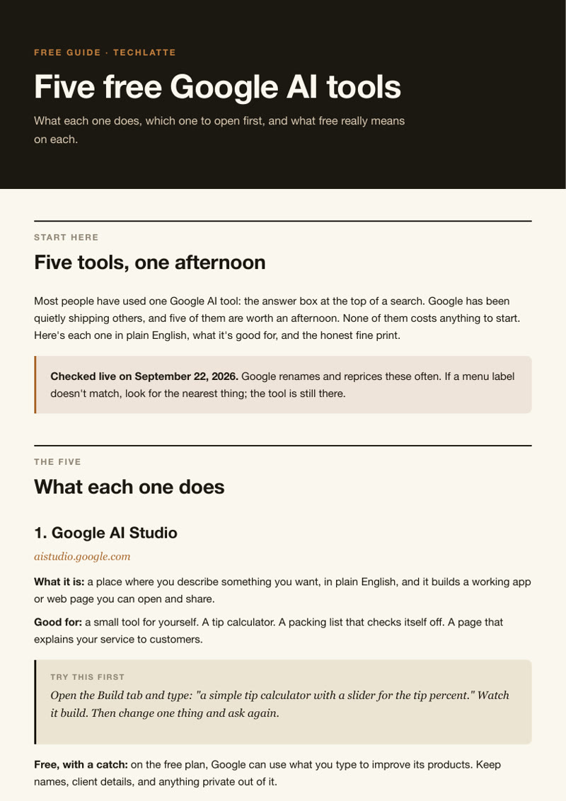 Cover of the Five Free Google AI Tools guide